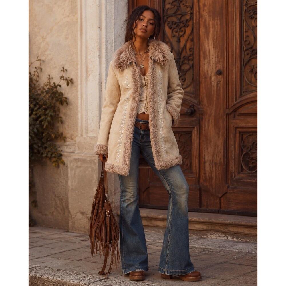 Vintage 90s Route 66 Penny Lane Coat Womens L Tan Faux Suede Boho Embroidered